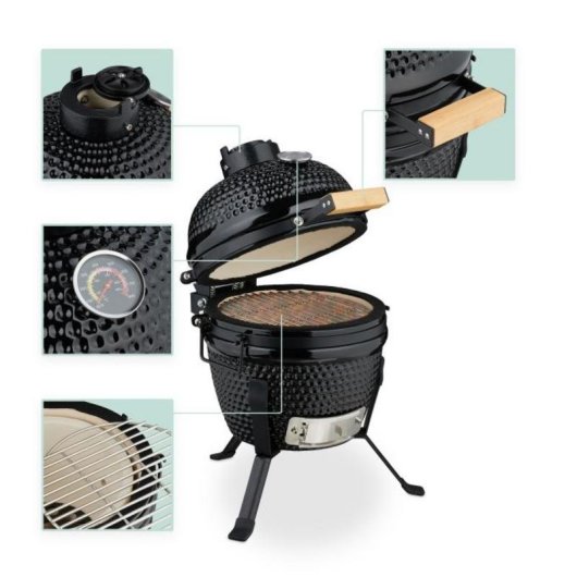 Barbacoa Kamado Relaxdays 4052025866976 cerámica 26 cm termómetro negra