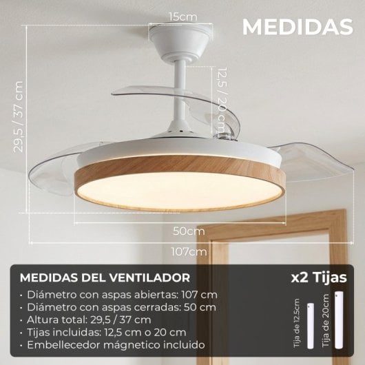 Ventilador de techo YOEVU EOS Nature LED DC 6 velocidades aspas retráctiles