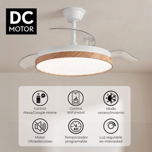 Ventilador de techo YOEVU EOS Nature LED DC 6 velocidades aspas retráctiles