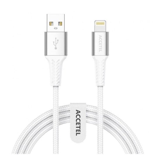Cable USB-A a Lightning Accetel Cu2803 Nailon Flex 2.4A 1m Blanco