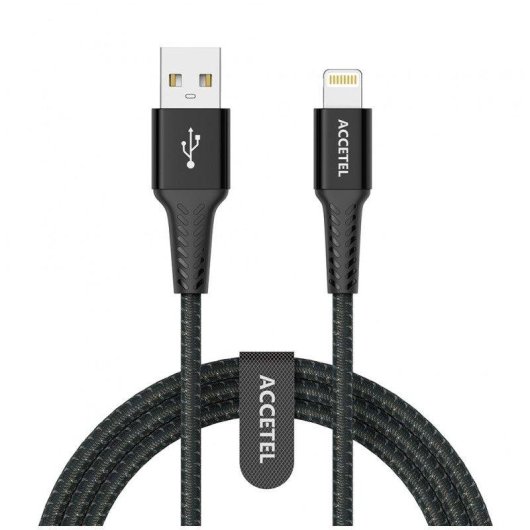 Cable USB-A a Lightning Accetel Cu2802 Nailon Flex 2.4A 1m Negro