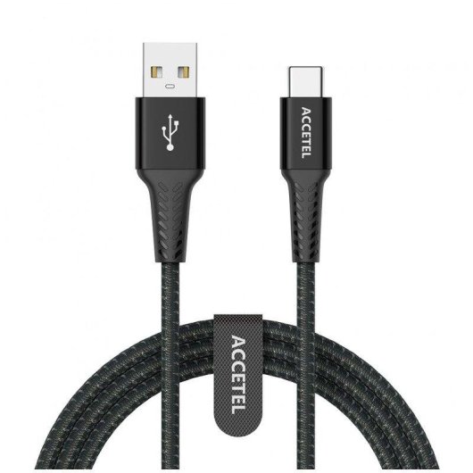 Cable USB Accetel Cu2806 USB-A a USB-C 1m Nailon Flex 3.0A Negro