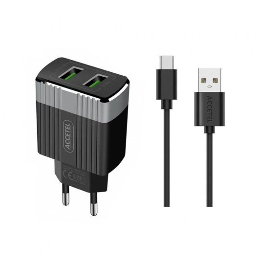 Cargador de pared Accetel AC506 Dual USB 3.4A con cable USB-C 1 m