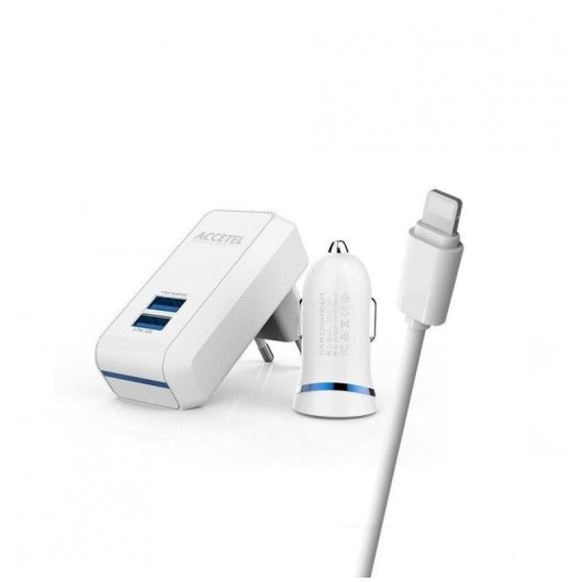 Cargador Accetel AC118 Pack Pared y Coche 2.1A con Cable Lightning 100 cm
