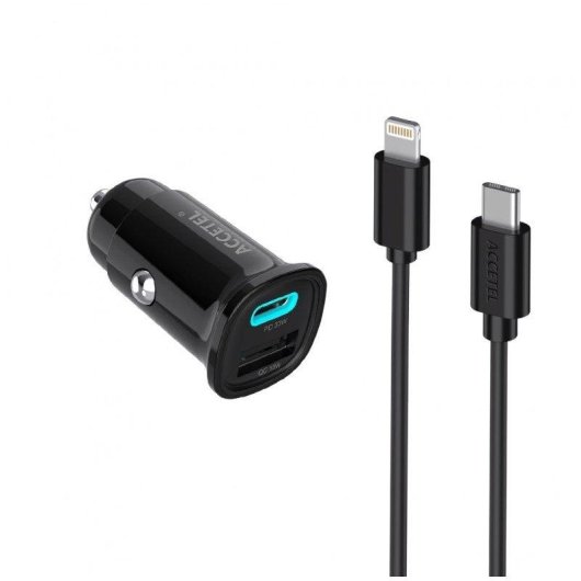 Cargador de coche Accetel Cc632 carga rápida 33W USB-C PD USB-A QC cable Lightning