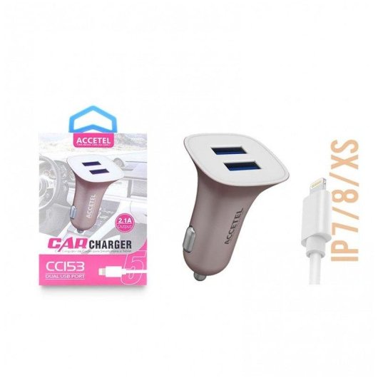 Cargador coche Accetel Cc153 Dual USB 2.1A Lightning Rosado 15W