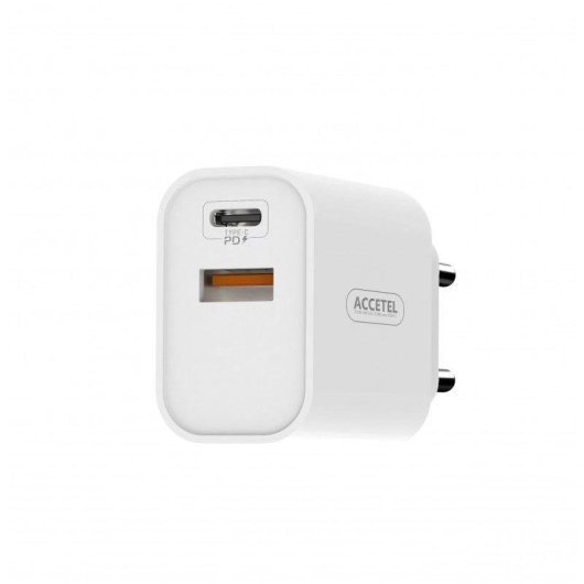 Cargador de pared Accetel Ac932w carga rápida 30W USB-A y USB-C QC3.0 PD