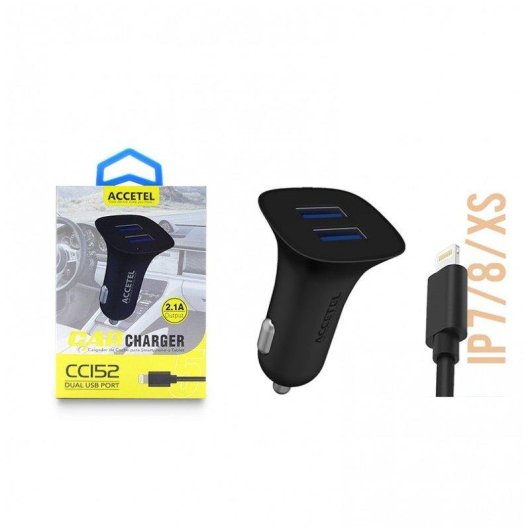 Cargador coche Accetel Cc152 Dual USB 2.1A Lightning cable 100 cm negro