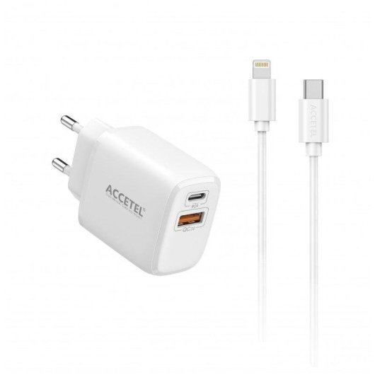 Cargador Accetel Ac553 Carga Rápida 25W QC/PD Cable USB-C a Lightning