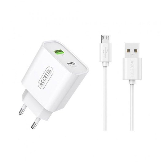 Cargador de pared Accetel AC525 USB-C y USB-A 12W con cable Micro USB 1m