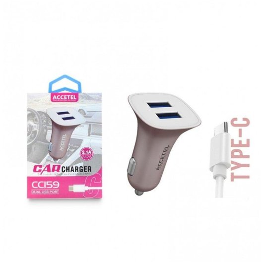 Cargador coche Accetel Cc159 USB-A 2.1A USB-C Rosado 10W 100cm