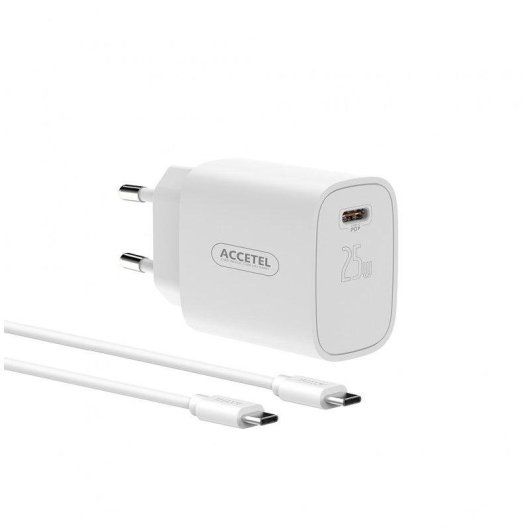 Cargador de pared Accetel Ac857 carga rápida 25W USB-C con cable 1 m