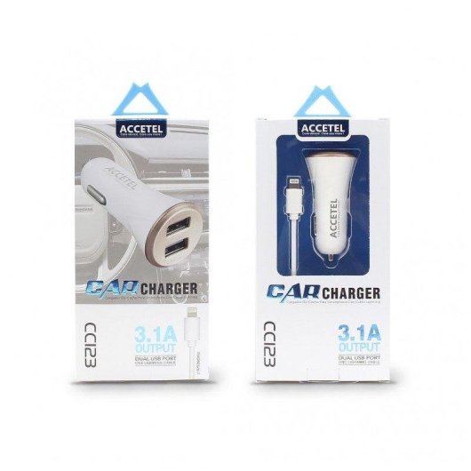 Cargador coche Accetel Cc123 Dual USB 3.1A Lightning 15W cable 1 m