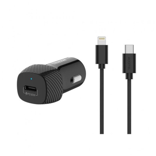 Cargador de coche Accetel Cc332b USB-C PD 30W con cable Lightning 1 m