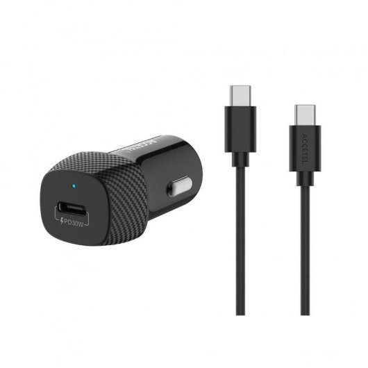 Cargador coche Accetel CC336B carga rápida USB-C PD 30W cable 1 m