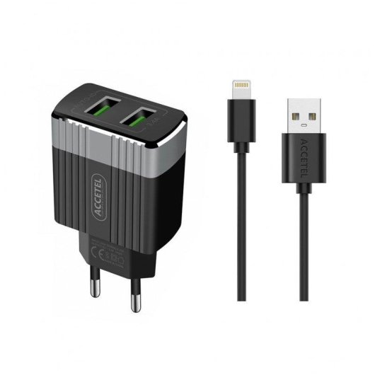 Cargador de pared Accetel AC502 Dual USB 3.4A con cable Lightning 1 m