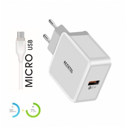 Cargador Accetel AC155 Carga Rápida 18W USB-A con Cable USB-C 1 m Blanco