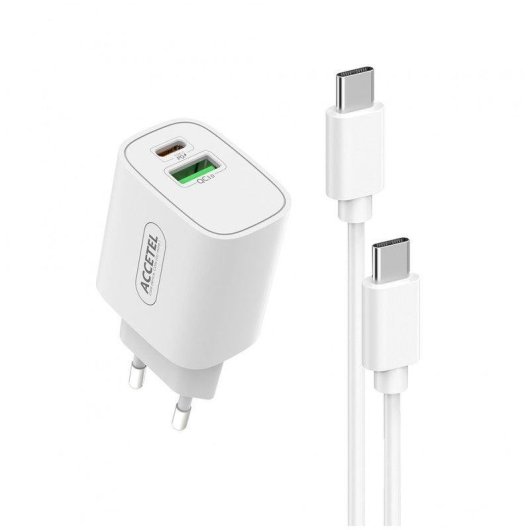 Cargador de pared Accetel Ac827 USB-C y USB-A 20W carga rápida con cable USB-C