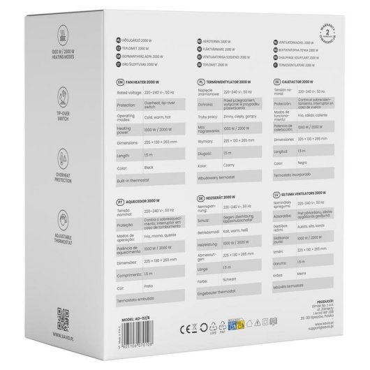 Heizlüfter Savio AD-02/W 2000 W Weiß Thermostat Kippschutz