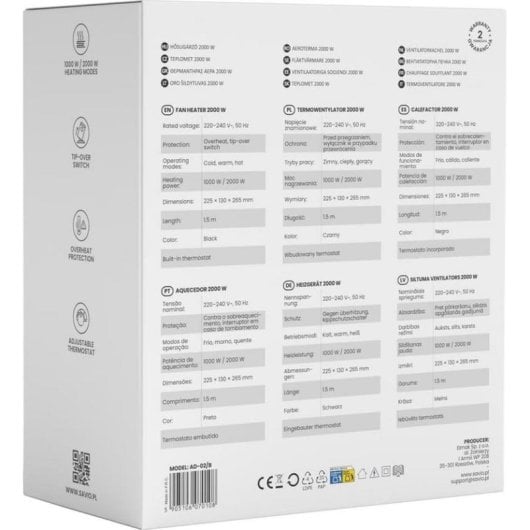 Heizlüfter Savio AD-02/W 2000 W Weiß Thermostat Kippschutz