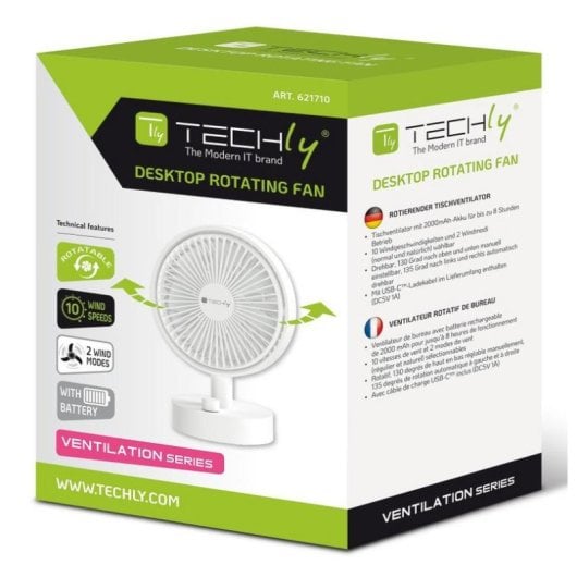 Ventilateur Techly IC-FAN-DSK2W blanc 10 vitesses batterie oscillant