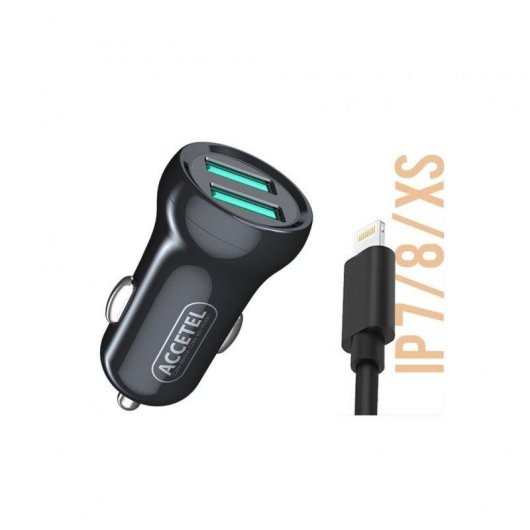 Cargador de coche Accetel Cc262 Dual USB 2.4A Lightning 100 cm Negro