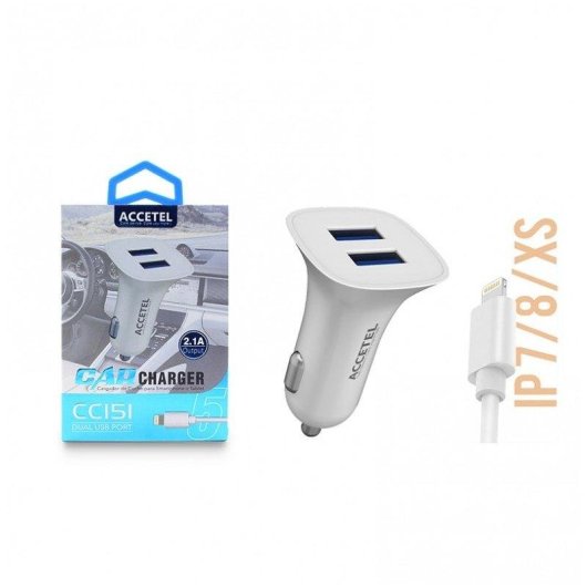 Cargador de coche Accetel Cc151 Dual USB 2.1A Lightning 15W Blanco