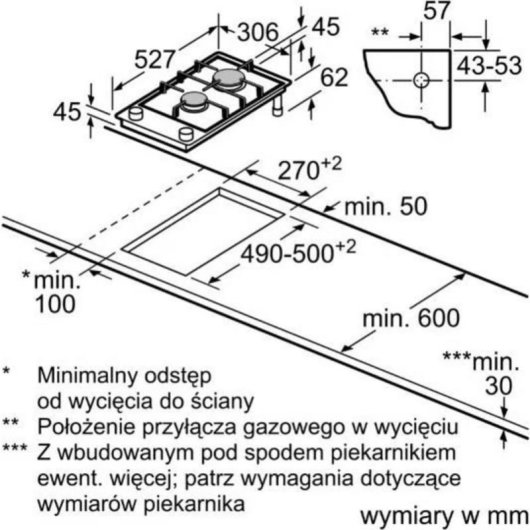 Plaque Bosch Serie 8 PRB3A6I40 Gaz 2 Zones FlameSelect Verre Noir 30 cm