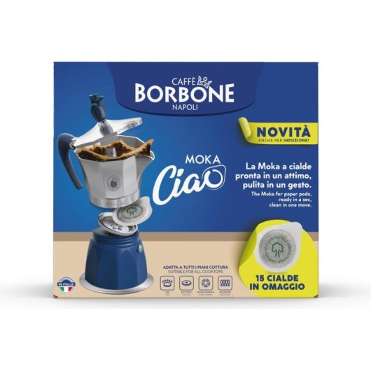 Cafetera Italiana Caffè Borbone MokaCiao 3 Tazas Aluminio Azul Gris Apta Inducción