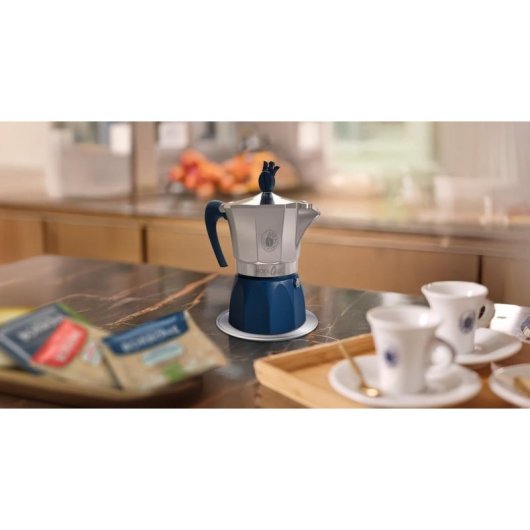 Cafetera Italiana Caffè Borbone MokaCiao 3 Tazas Aluminio Azul Gris Apta Inducción