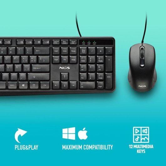 Teclado NGS Cocoa KIT V2 de membrana con 12 accesos multimedia y ratón óptico USB