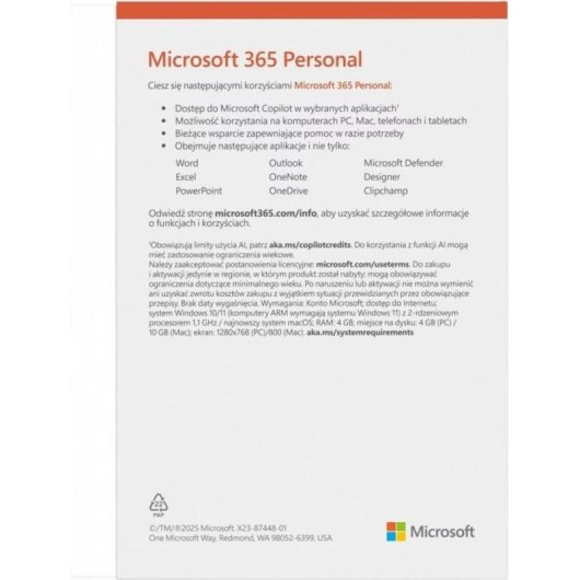 Software Microsoft 365 Personal 1 utilizador 5 dispositivos 1TB Polaco