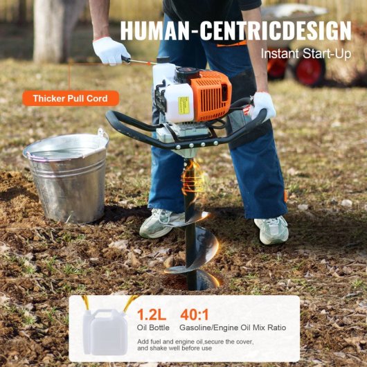 Barrena Para Postes A Gasolina 63 Cc, 2400 W, Con Broca 200 Mm Y Varilla De Extensión