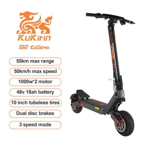 Kukirin G2 Ultra Patinete Eléctrico Plegable 52v 23.4ah, 1200w×2 Motores Dobles, Neumáticos 11'' Todoterreno, Amortiguac