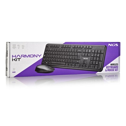 Teclado NGS Harmony Kit inalámbrico completo con ratón, 12 teclas multimedia, perfil bajo, QWERTY IT, negro