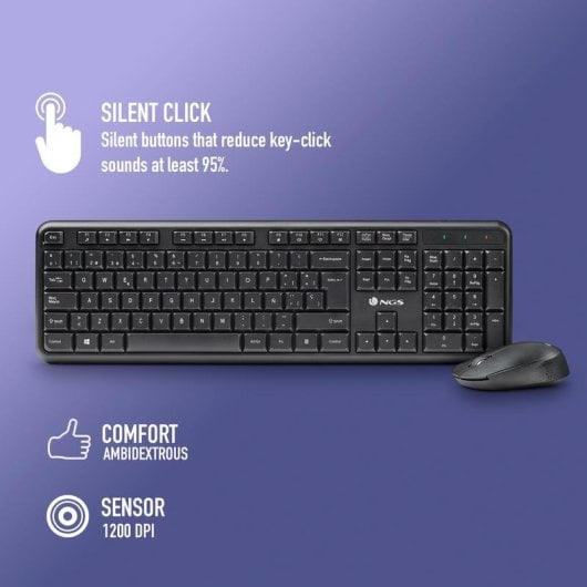Teclado NGS Harmony Kit inalámbrico completo con ratón, 12 teclas multimedia, perfil bajo, QWERTY IT, negro
