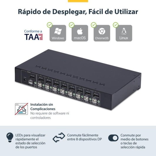 Switch KVM StarTech.com R8AD122-KVM-SWITCH 8 portas DisplayPort 4K 60Hz USB Rack 1U