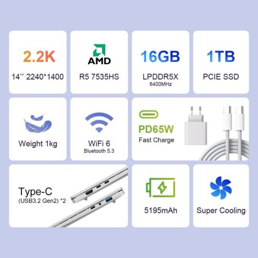 Portatile Ninkear S14 14" AMD Ryzen 5 7535HS 16GB 1TB SSD Windows