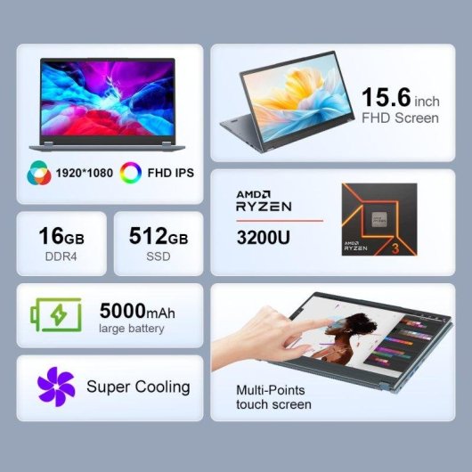 Portátil Ninkear 15.6" AMD Ryzen 3 3250U 16GB 512GB SSD Vega 3 Windows 11 Pro