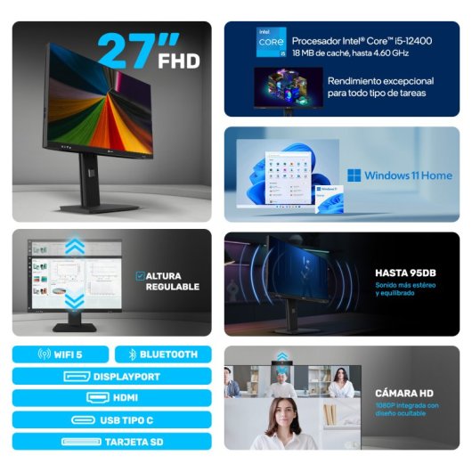 Alurin Flow AIO i5-12400 /16GB/1TB/27" Windows Home, Altura regulable