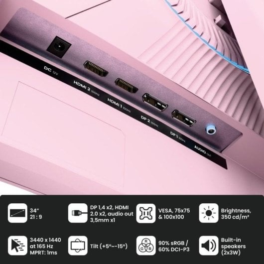 Écran PC Arozzi Nova 34" UltraWide QHD 165Hz VA Incurvé 1ms Haut-parleurs Rose
