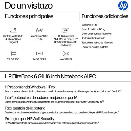 Portátil HP EliteBook 6 G1i 16" Intel Core Ultra 5 225U 24GB 512GB SSD Intel Graphics Windows 11 Pro