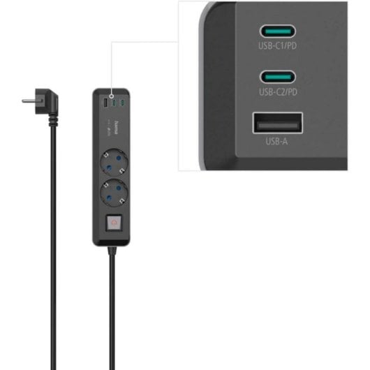 Steckdosenleiste Hama 00223188 2 Steckplätze 3 USB-A/C 65 W mit Schalter und Schutz
