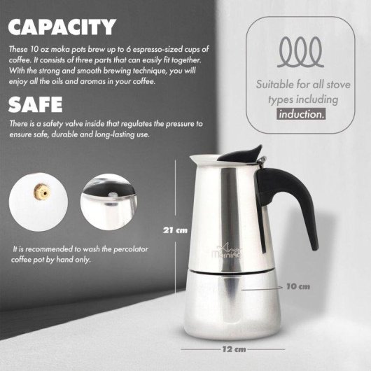 Cafetière italienne Any Morning Moka Acier Inoxydable 300 ml 6 Tasses