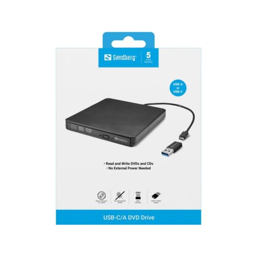 Masterizzatore DVD Sandberg USB-C/A Esterno Nero PC Mac con Vassoio