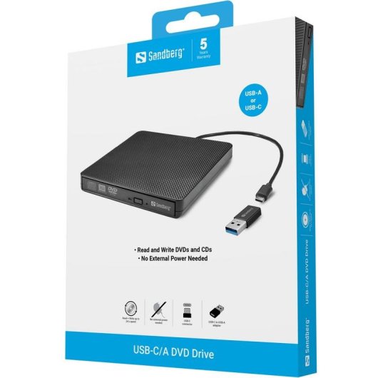 Masterizzatore DVD Sandberg USB-C/A Esterno Nero PC Mac con Vassoio