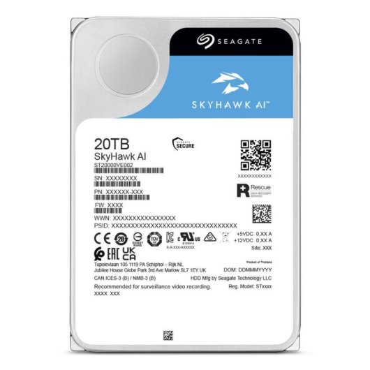 Disco Duro Seagate SkyHawk AI ST20000VE004 20TB HDD 7200rpm SATA III Vigilância IA