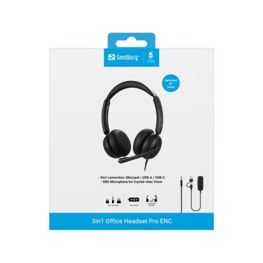 Auriculares Sandberg 3in1 Office Headset Pro ENC con cable USB-A/USB-C/Jack, cancelación de ruido, para oficina y call c