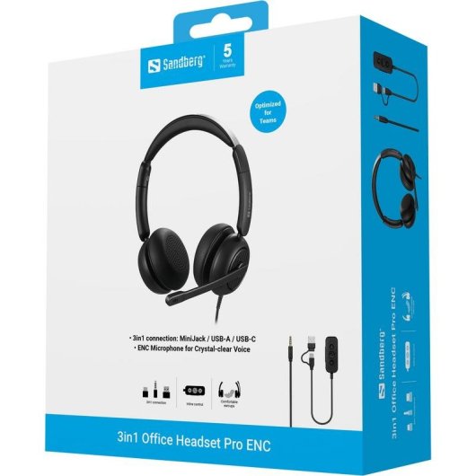 Auriculares Sandberg 3in1 Office Headset Pro ENC con cable USB-A/USB-C/Jack, cancelación de ruido, para oficina y call c