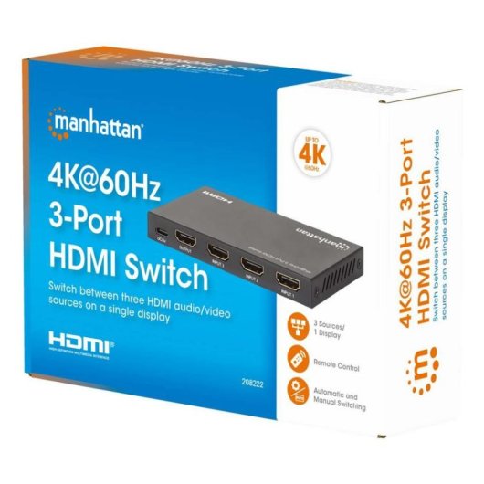 Switch HDMI Manhattan 208222 3 porte 4K 60Hz HDR USB-C metallo nero
